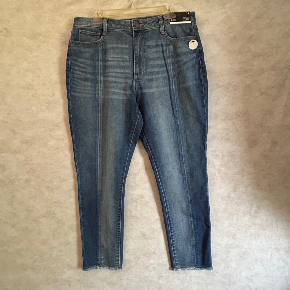 a.n.a Womens High Rise Skinny Ankle Jeans Blue Seam Front Raw Hem Size 14 Skinny